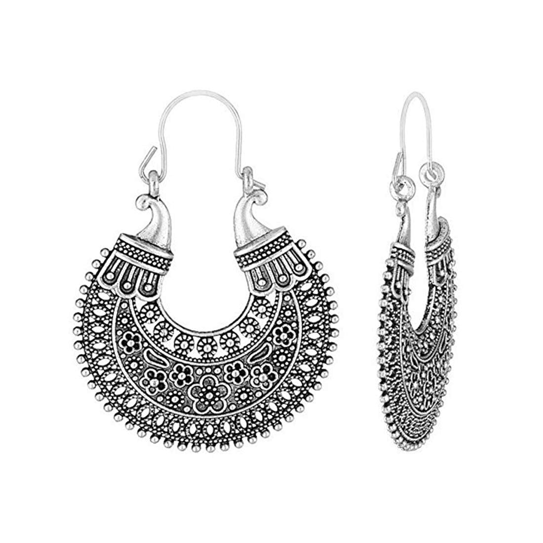 Yellow Chimes Peacock Carving Silver Chandbali Earring for Women & Girls