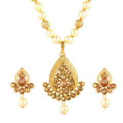 Yellow Chimes Kundan Studded Gold Plated Necklace Jewellery Set Pearl Mala Pendant Set for Women and Girls