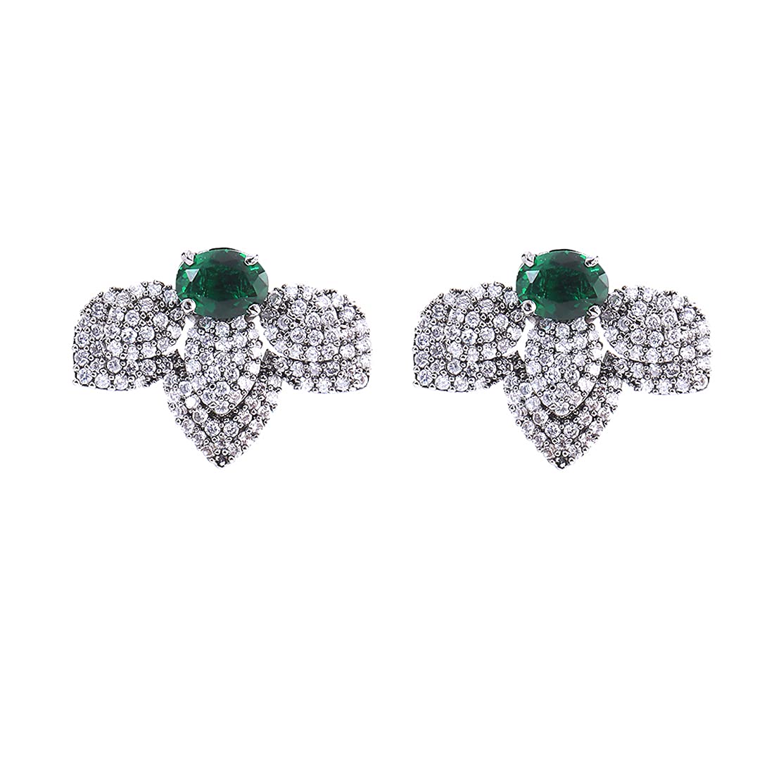 Yellow Chimes Classic AD/American Diamond Studded Black Rhodium Plated Green Flower Stud Earrings for Women and Girls, Medium
