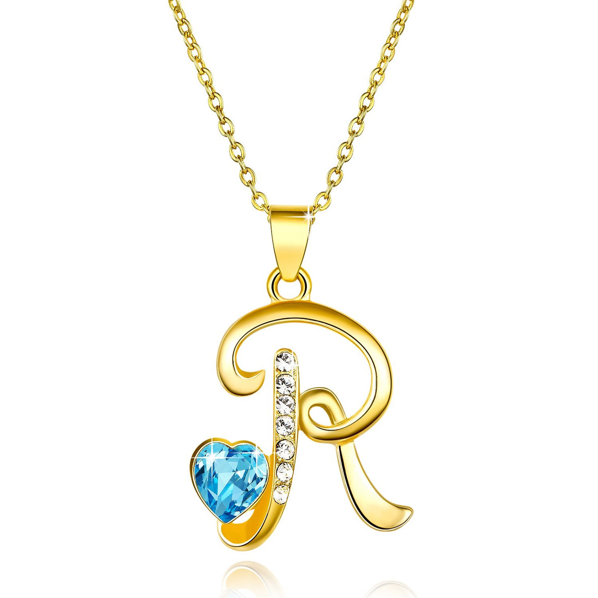 Yellow Chimes Golden Pendant for Women Alphabet Initial R Pendant Gold Plated Blue Crystal Heart Chain Pendant for Women and Girls