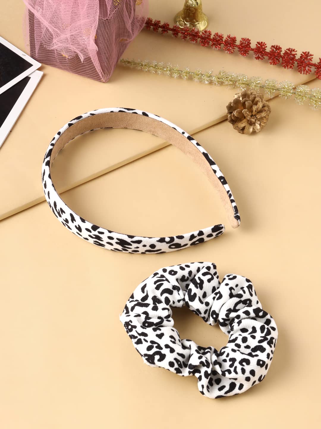 Yellow Chimes Hair Band for Girls Women Hair Accessories for Girls Hairband & Scrunchies Set For Women Leopard Printed Satin Scrunchies Head Bands for Girls Hair Ties Head Band for Girls Gift For Women & Girls