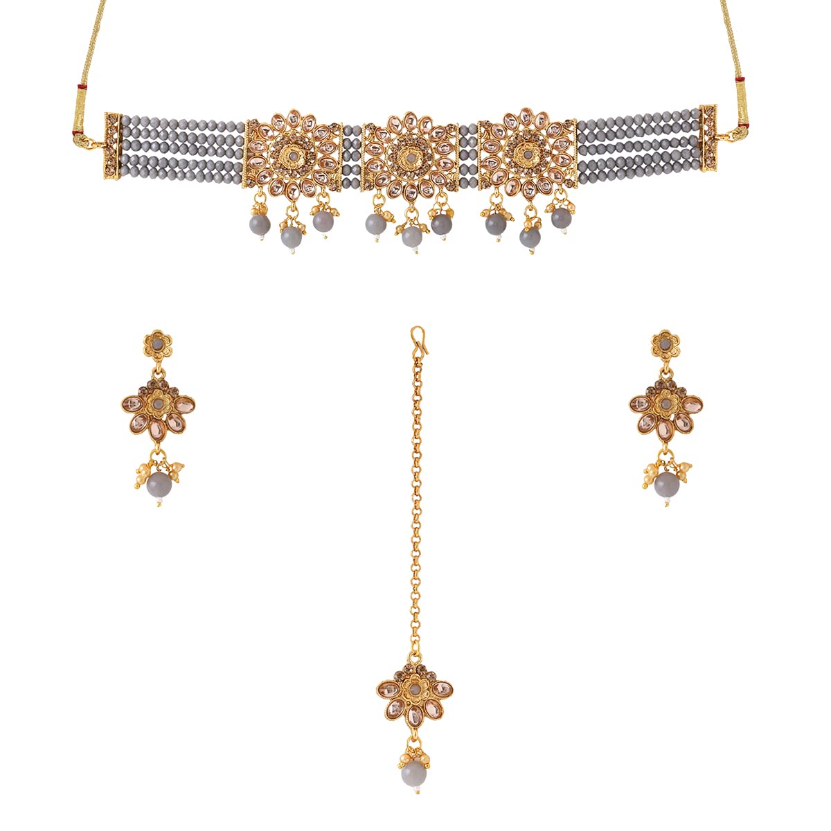 Yellow Chimes Jewellery Set For Women Kundan Studded Multi Charm Choker Set With Earrings and Mangtikka For Women and Girls