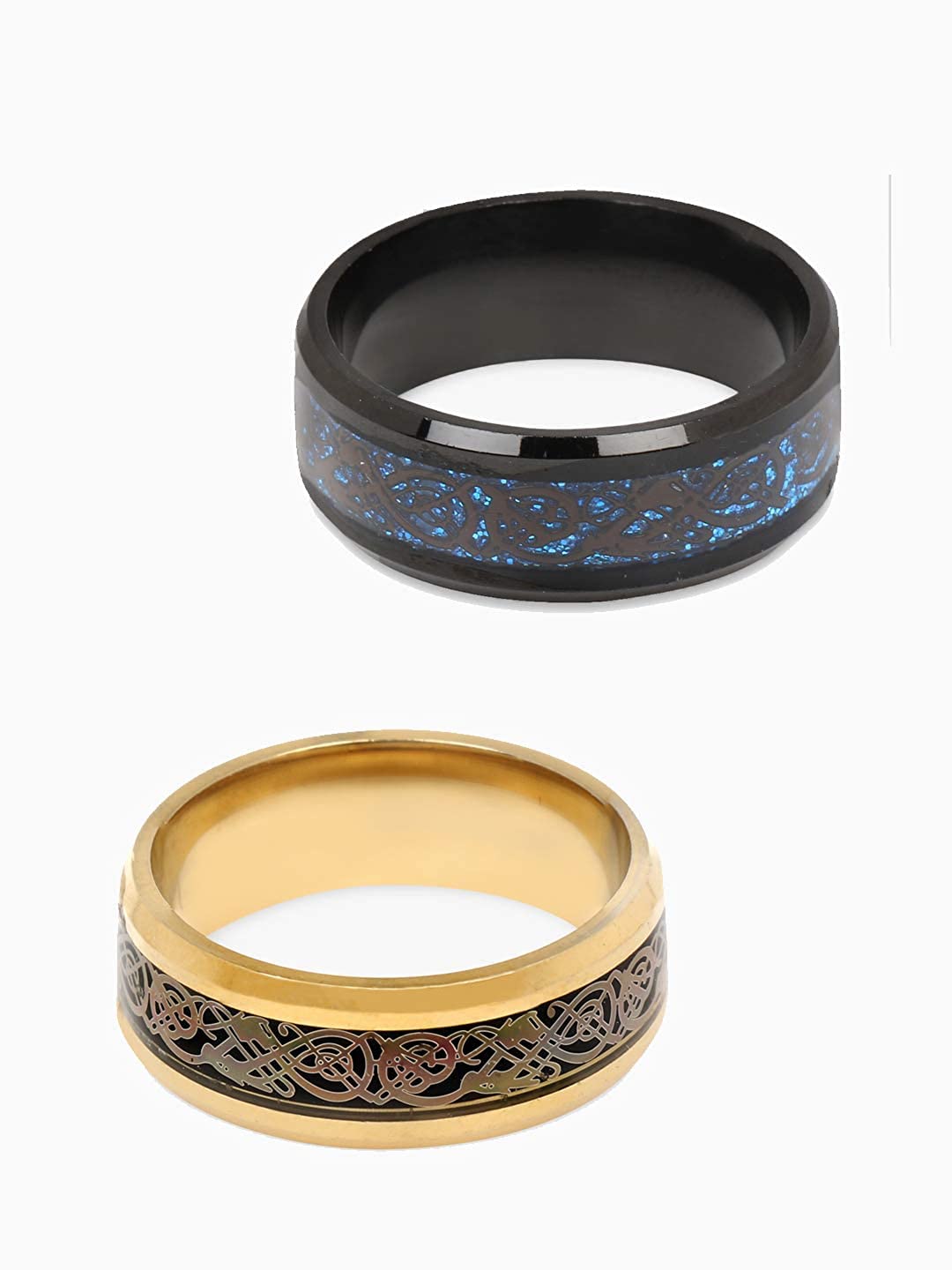 Yellow Chimes Rings for Men | Pack of 2 Combo Rings Stainless Steel Ring| Blue Black and Gold tone Dragon Celtic Rings Combo for Men and Boys| Ideal Gift For Men and Boys