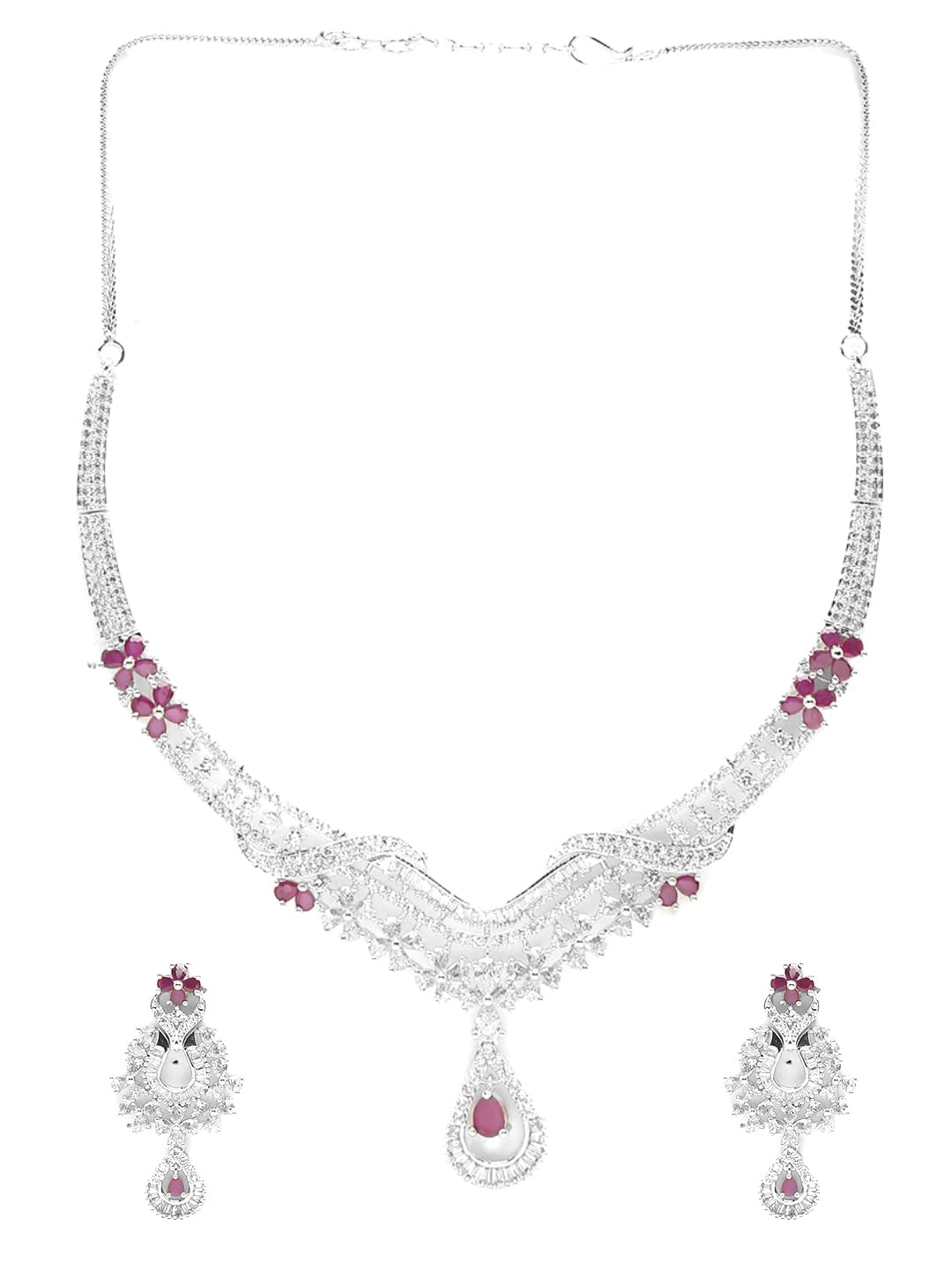 Yellow Chimes Jewellery Set for Women and Girls Traditional American Diamond Jewellery Set | Rhodium Plated Pink AD Necklace Set for Women | Birthday Gift for girls and women Anniversary Gift for Wife
