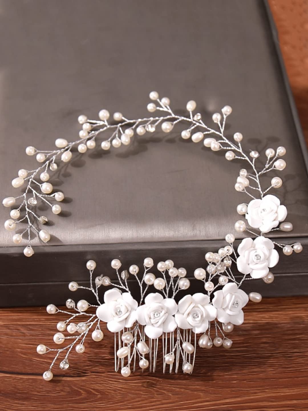 Yellow Chimes Bridal Hair Vine for Women and Girls Bridal Hair Accessories for Wedding White Headband Hair Accessories Wedding Jewellery for Women Floral Pearl Bridal Wedding Head band Hair Vine for Girls