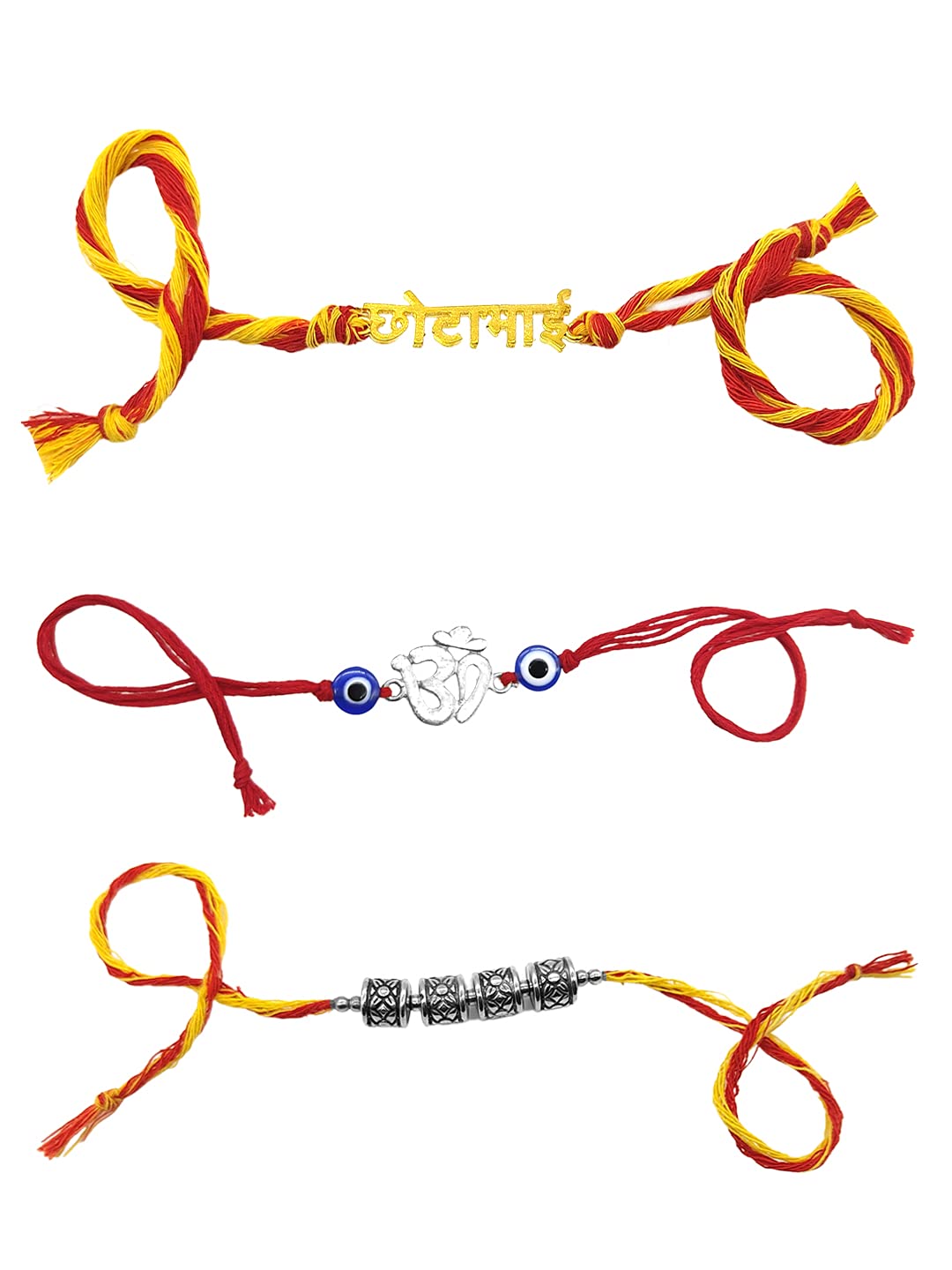 Yellow Chimes Combo of 3 Pcs Handmade Dori Worked Gold and Silver Toned OM Design Evil Eye Beads Chota Bhai Engraved Rakhi for Brother with Roli & Chawal, Red, Silver, Gold, Medium For Men