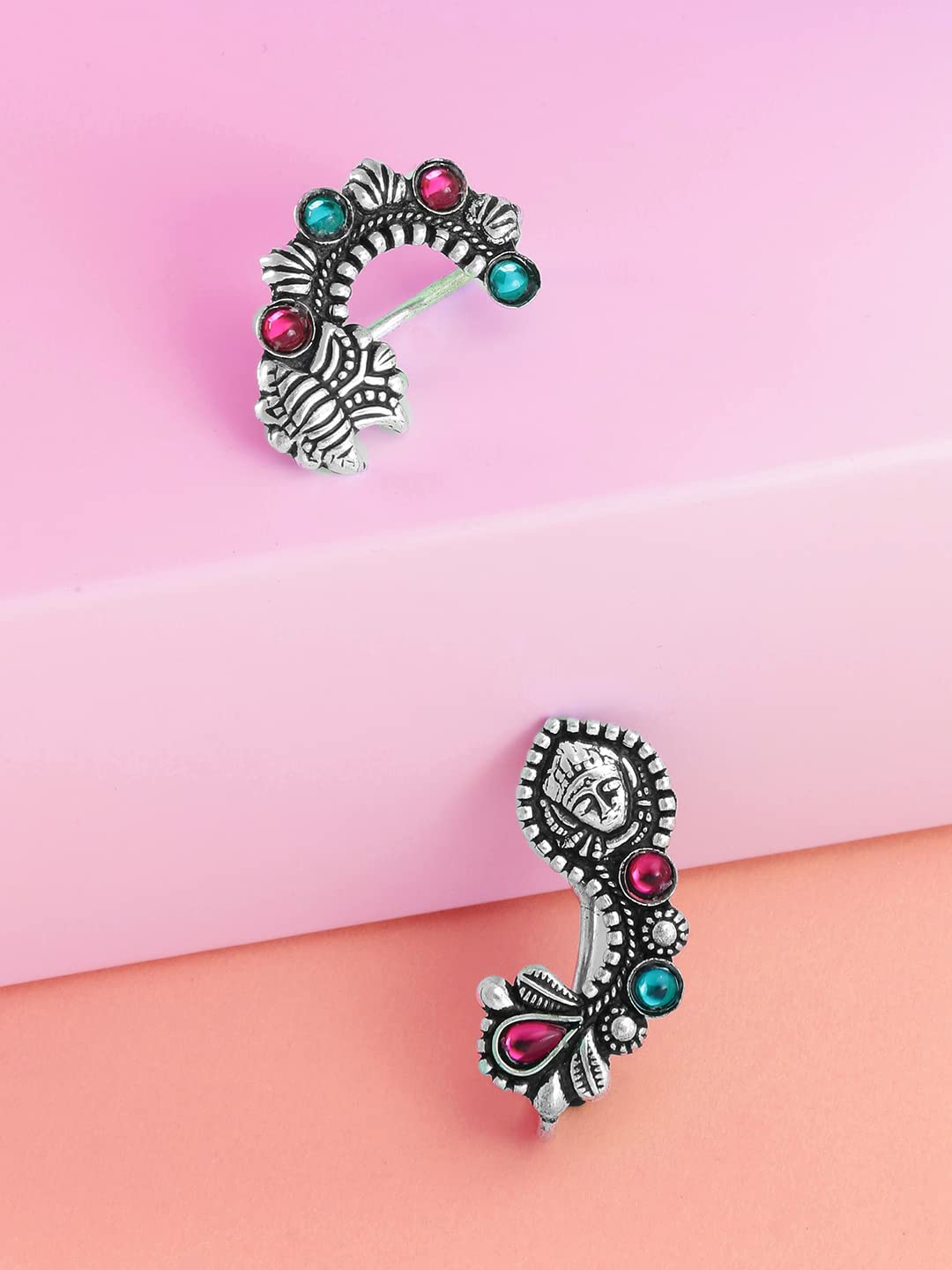 Yellow Chimes Oxidised Nose Pin Nath for Women 2 Pcs Combo Authentic Kolhapuri Worked Maharasthrian Non-Piercing Nath for Women and Girls.