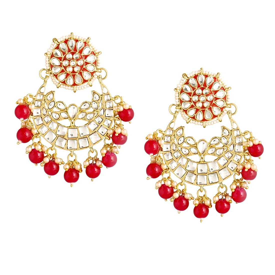 Yellow Chimes Ethnic Gold Plated Traditional Kundan Studded Red Meenakari Touch Pearl moti ChandbaliEarrings for Women and Girls, Gold, Red, Medium (YCTJER-91KDFLW-RD)