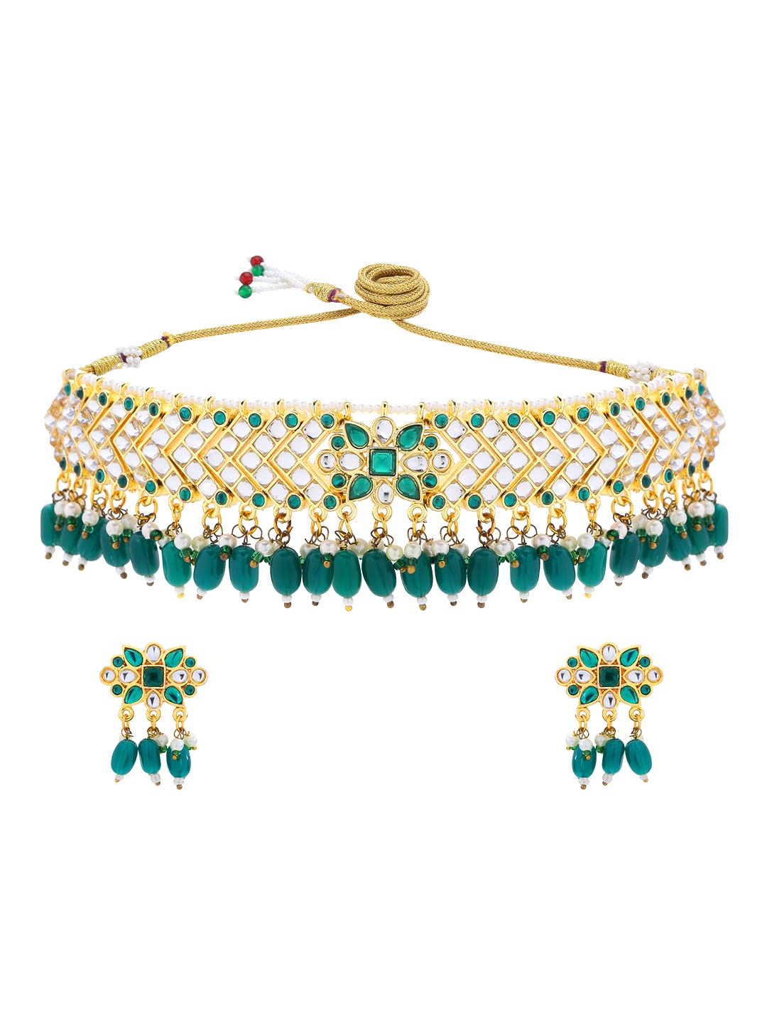 Yellow Chimes Ethnic Handcrafted Kundan Jewellery Set Gold Plated Traditional Choker Necklace Set for women & Girls (Green Golden)