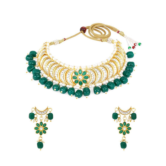 Yellow Chimes Ethnic Gold Plated Pearl Beads Jewellery Set Traditional Floral Choker Necklace Set for Women and Girls, gold, green, medium (YCTJNS-52PRLCHK-GR)