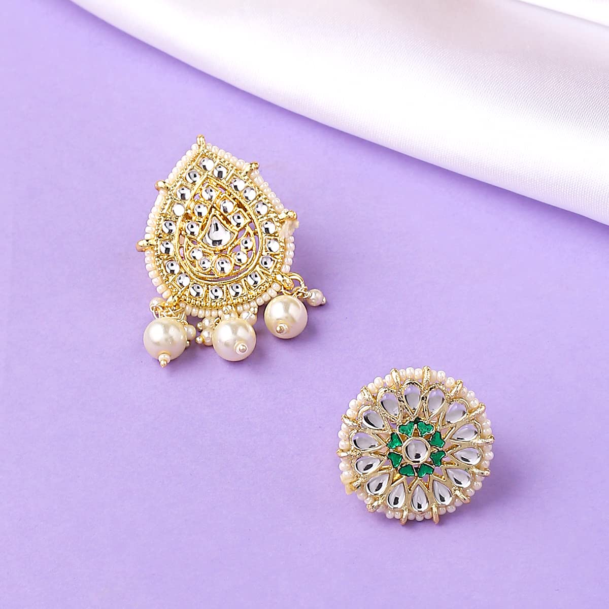 Yellow Chimes Rings for Women Set of 2 Pcs Adjustable Kundan Studded Pearl Drop Rings for Women and Girls