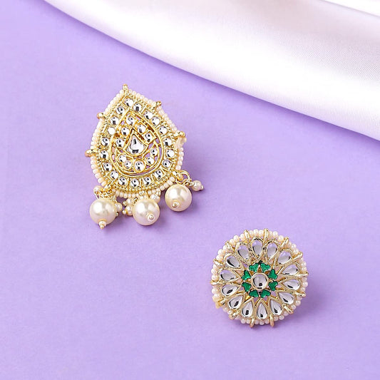 Yellow Chimes Rings for Women Set of 2 Pcs Adjustable Kundan Studded Pearl Drop Rings for Women and Girls