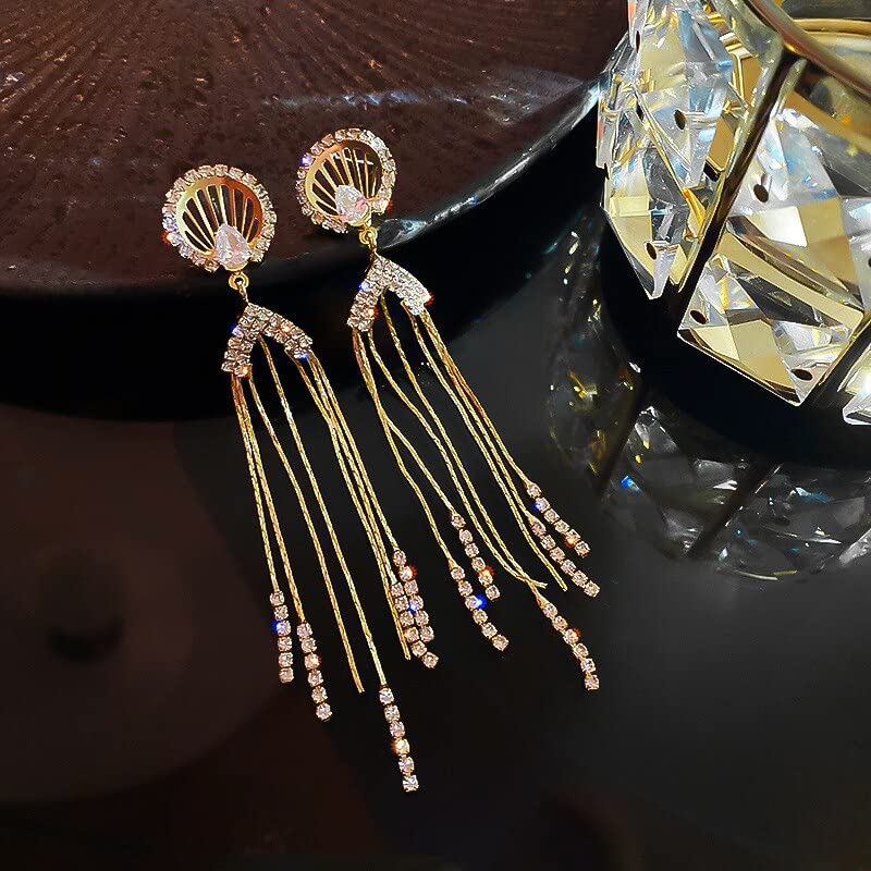 Yellow Chimes Earrings For Women Gold Tone Crystal Studded Long Chain Tassel Fringes Hanging Dangler Earrings For Women and Girls