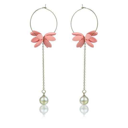 Yellow Chimes Fancy Party Ware Dual Flower Pearl Metal Hoop Earring for Women and Girls