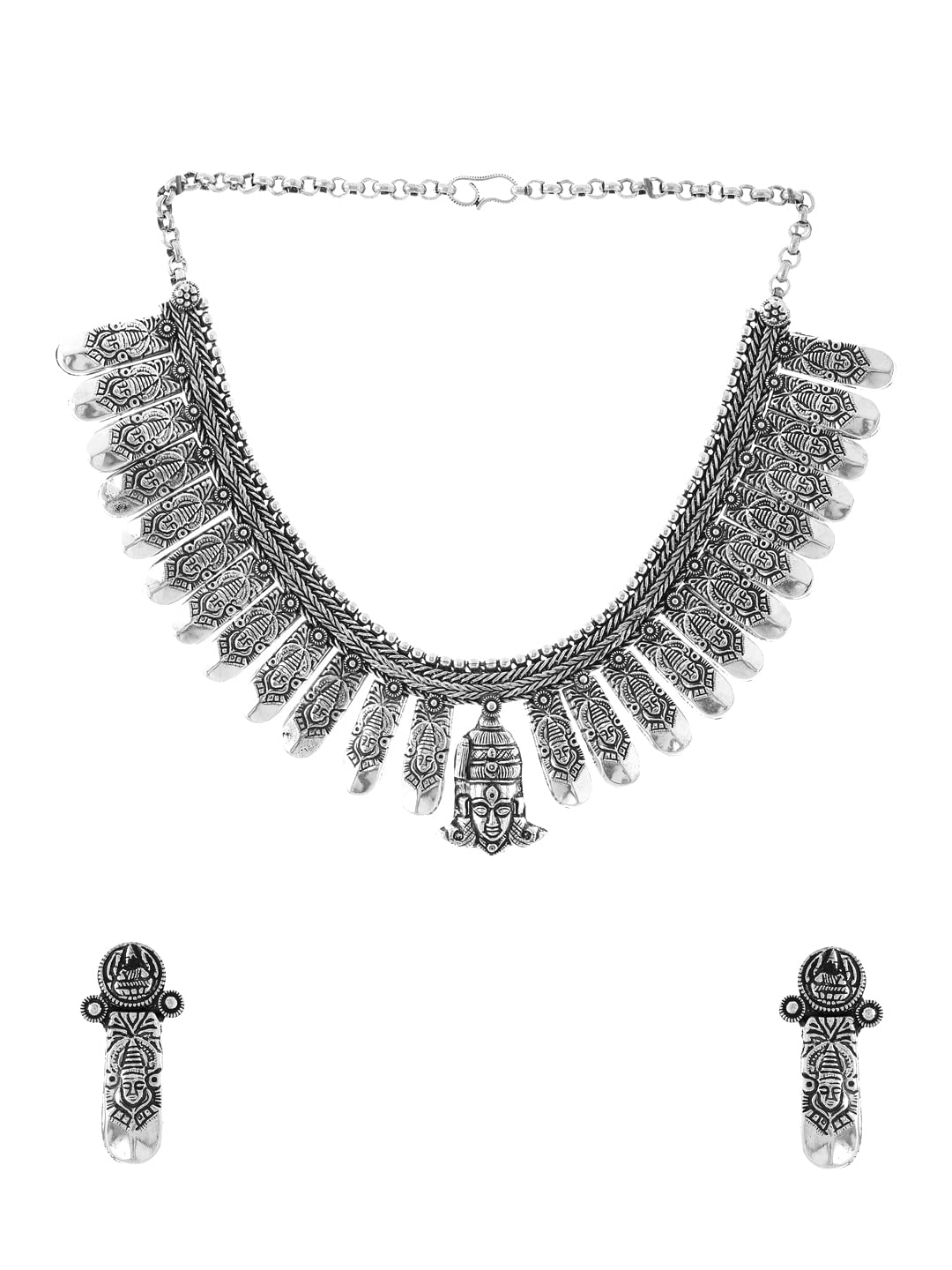 Yellow Chimes Oxidised Jewellery Set for Women Authentic Kolhapuri Work Handmade Silver Traditional Durga Ma Choker Necklace Sets for Women and Girls.