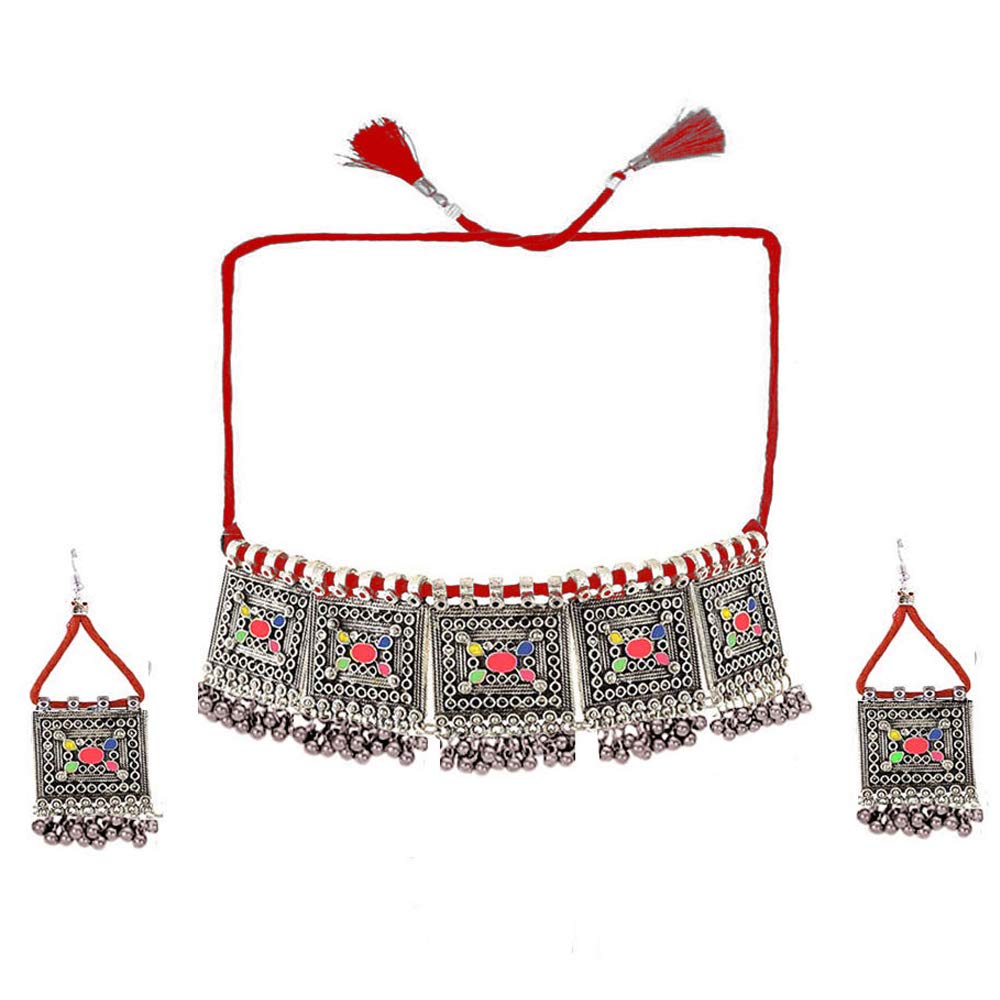 Yellow Chimes Oxidised Jewellery Set for Women Silver Oxidised Set Afghani Style Ghungroo Threads Choker Necklace Set for Women and Girls.