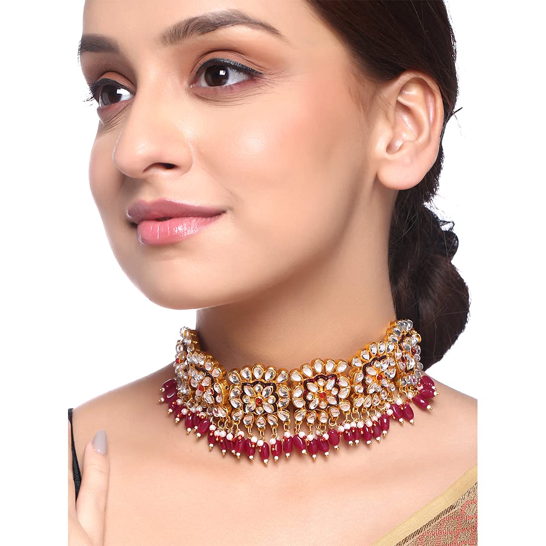 Yellow Chimes Ethnic Gold Plated Studded Kundan Beads Design Jewellery Set Traditional Choker Necklace Set with Earrings and maang Tikka for Women and Girls (Design 10)