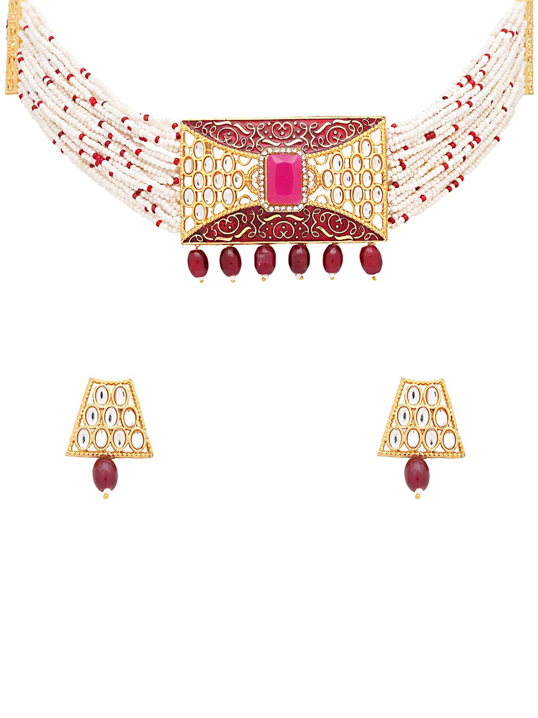 Yellow Chimes Jewellery Set for Women Gold Toned Kundan and Crystal Studded Pearl Drop with Beads Red Meeanakari Touch Choker Necklace Set with Earrings for Women and Girls