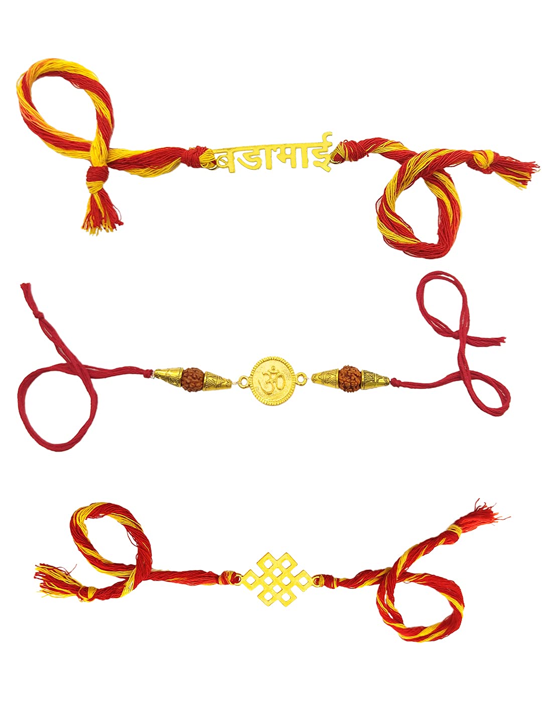 Yellow Chimes Combo of 3 Pcs Handmade Dori Worked Gold Toned OM Bada Bhai and Celtic Design Rakhi for Brother with Roli & Chawal, Red, Gold, Medium (YCTJRK-18BHAY-GL) for Men