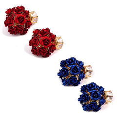 Yellow Chimes Gold Plated Rose Shape Two Sided Stud Earrings for Girls and Women (Red and Royal Blue)