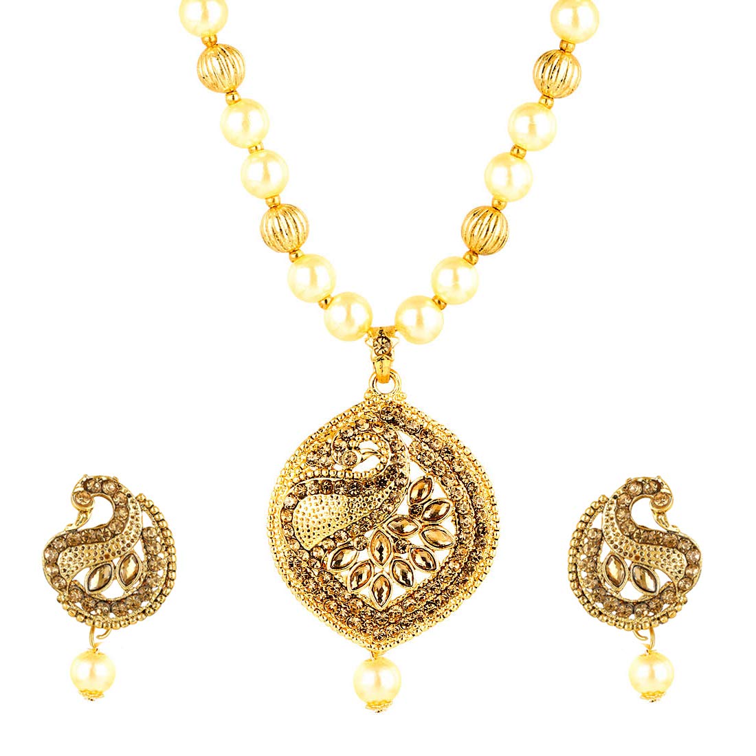 Yellow Chimes Peacock Design Kundan Studded Gold Plated Jewellery Set Pearl Mala Pendant Set for Women and Girls