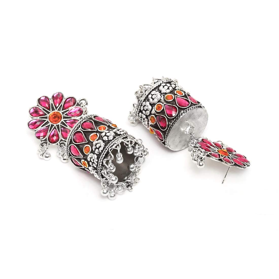 Yellow Chimes Earrings for Women & Girls | Traditional Pink Studded Stone Silver Oxidised Jhumka | German Silver Oxidized | Floral Shape Big Jhumki Earring | Birthday & Anniversary Gift