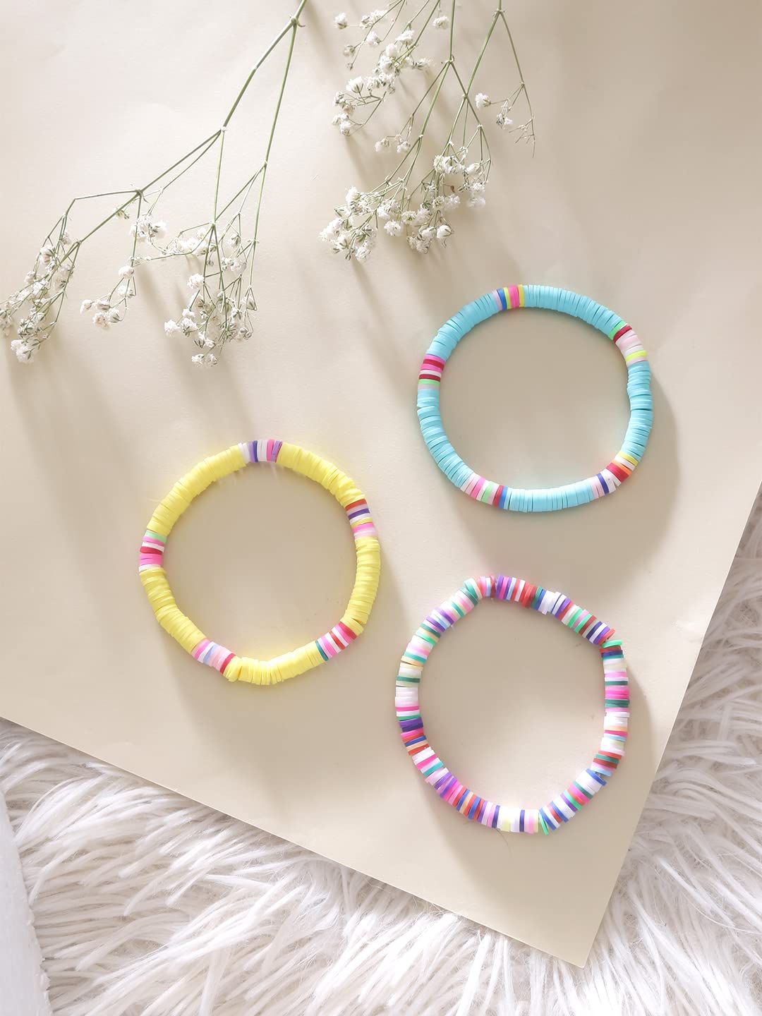 Yellow Chimes Bracelets for Women Combo of 3 PCs Heishi Bracelets Set Lightweight Stack Rainbow Summer Beach Accessory for Girls and Women.