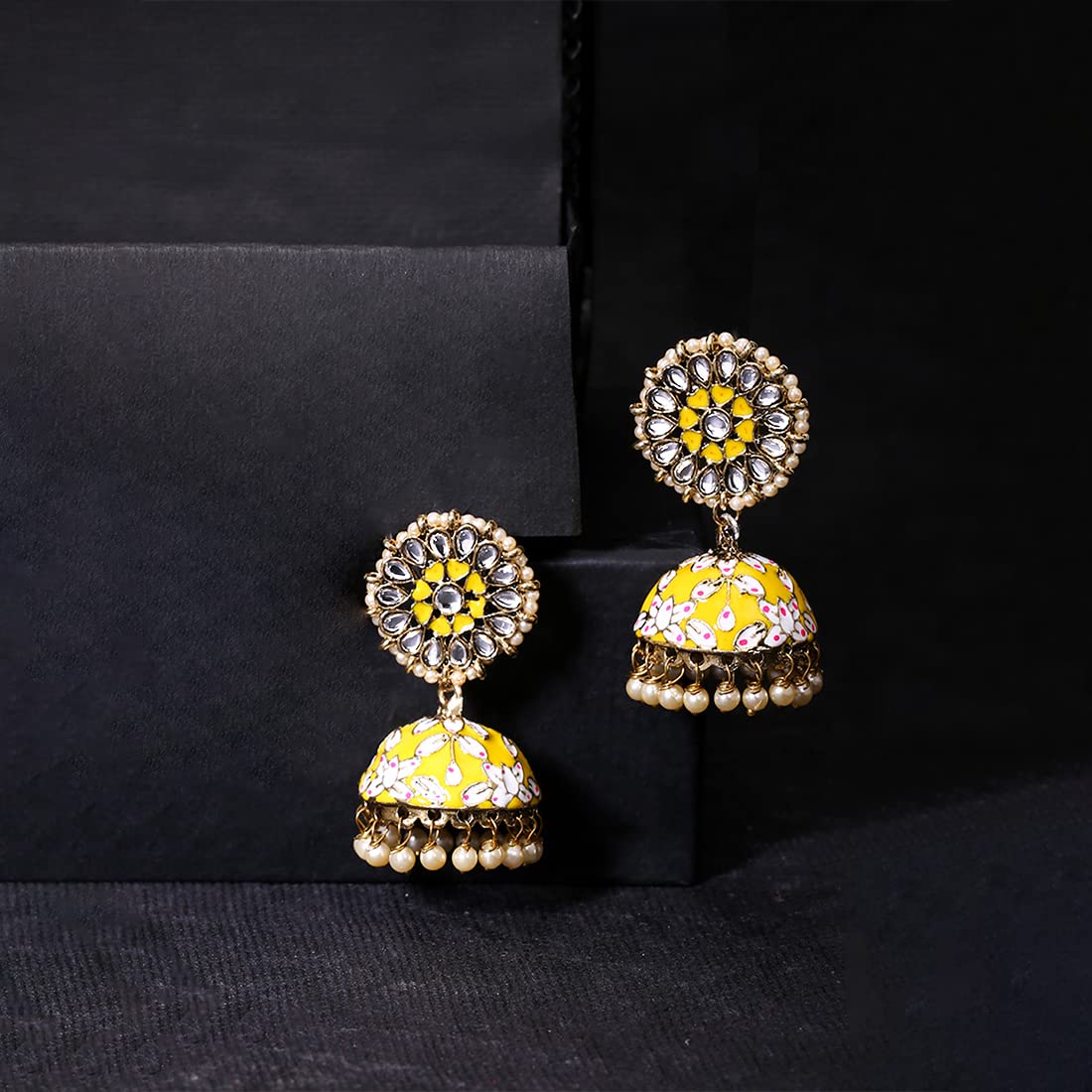 Kairangi Meenakari Jhumka Earrings for Women Meenakari Handcrafted Gold Plated Traditional Yellow Jhumka/Jhumki Earrings for Women and Girls.