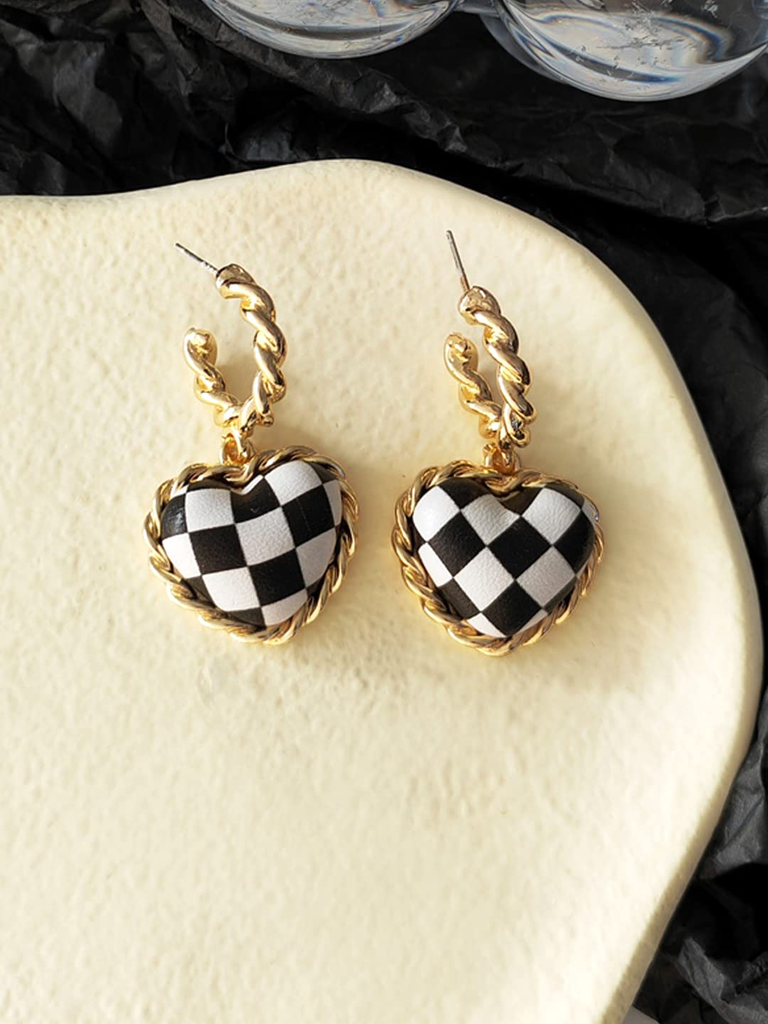 Yellow Chimes Earrings for Women and Girls Drop Earrings for Girls | Gold Toned Black & White Heart Designed Drop Earrings | Birthday Gift for girls and women Anniversary Gift for Wife