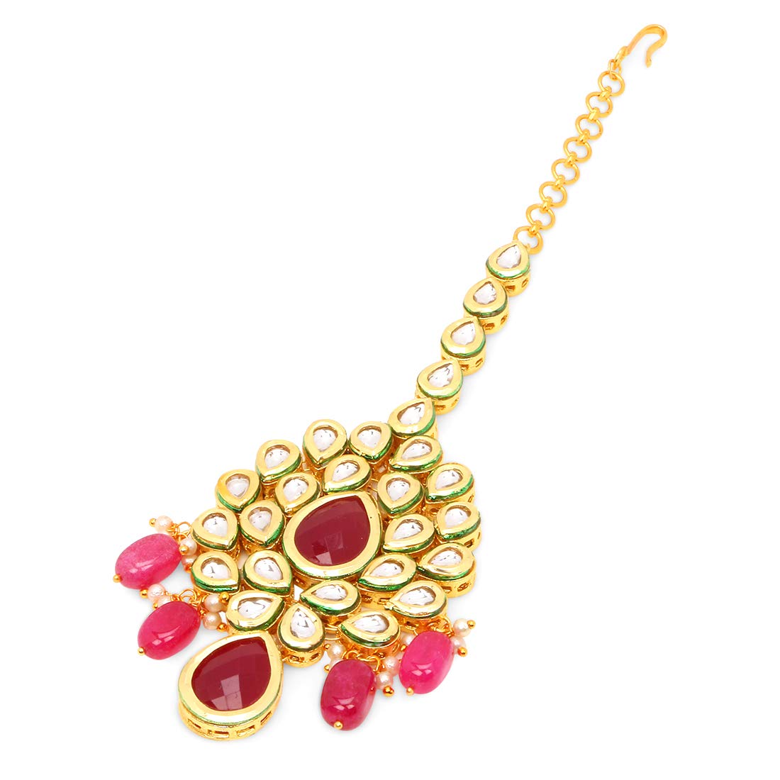 Yellow Chimes Traditional Gold Plated Kundan Studded Pink Moti Designer Ethnic Maang Tikka for Women and Girls