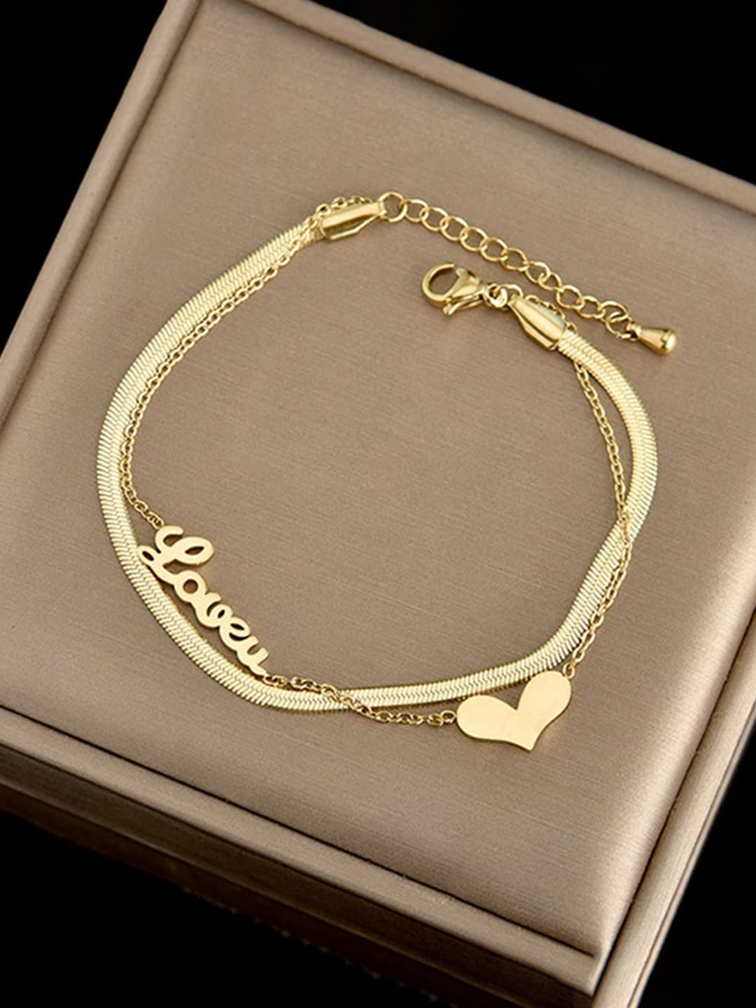 Yellow Chimes Chain Bracelet for Women Gold-Plated 2 Layered Stainless Steel Heart Charm Love Bracelet For Women and Girls