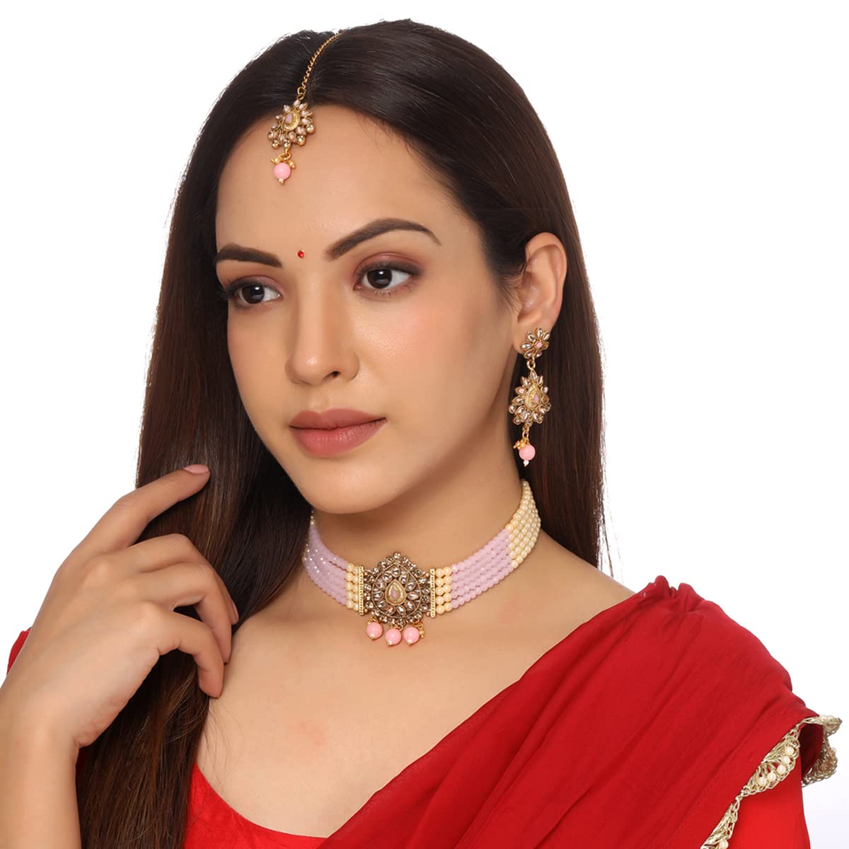 Yellow Chimes Jewellery Set For Women Kundan studded Choker Set With Earrings and Mangtikka For Women and Girls