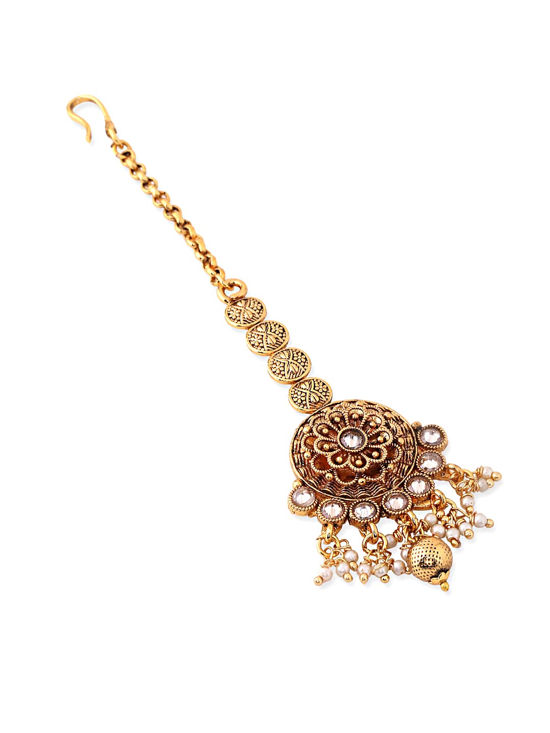 Yellow Chimes Manng Tikka for Women Gold Toned Crystal Studded Floral Designed Beads Drop Maang Tikka for Women and Girls