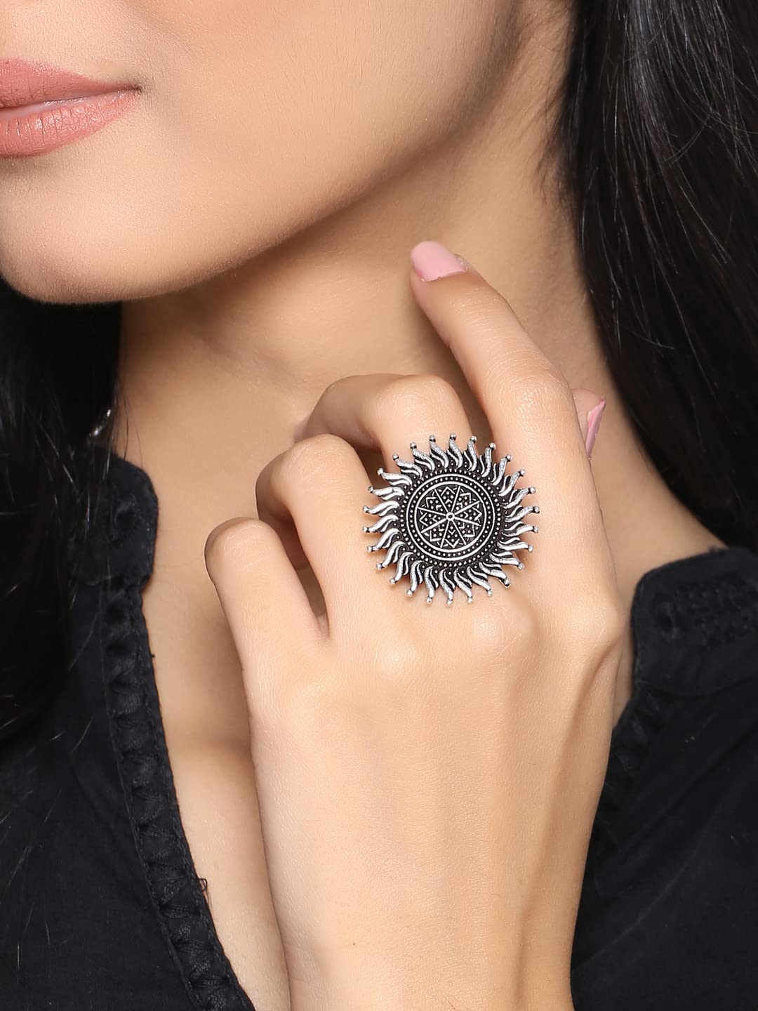 Yellow Chimes Rings for Women and Girls | Traditional Silver Oxidised Ring Set | Big Charm Floral Oxidised Rings for Girls | Floral Shaped Combo for Women | Accessories Jewellery for Women | Birthday Gift for Girls and Women Anniversary Gift for Wife