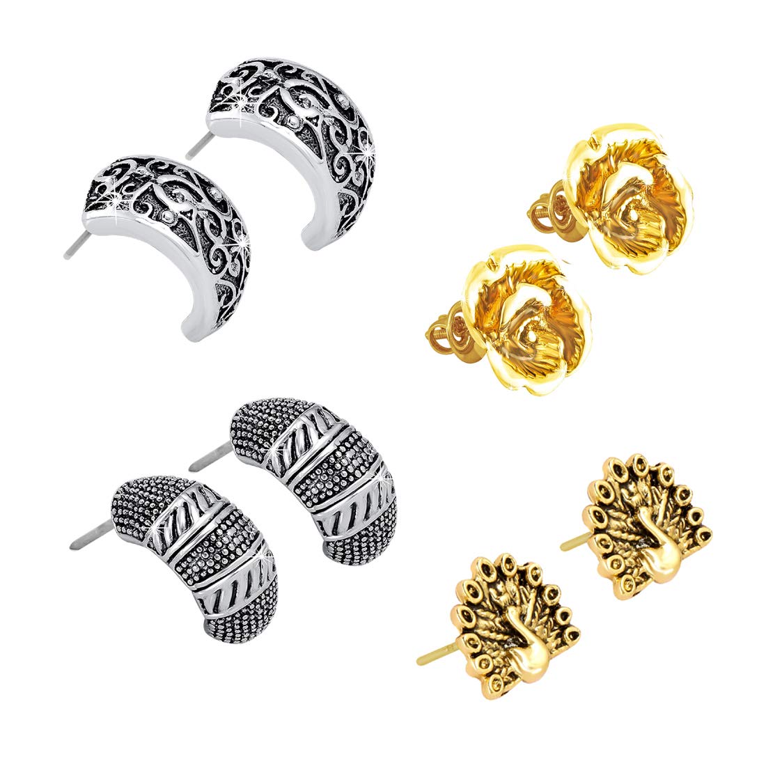 Yellow Chimes Stylish COMBO 4 Pairs Silver Oxidized Designer Traditional Studs Earrings for Women and Girls (Combo-2)