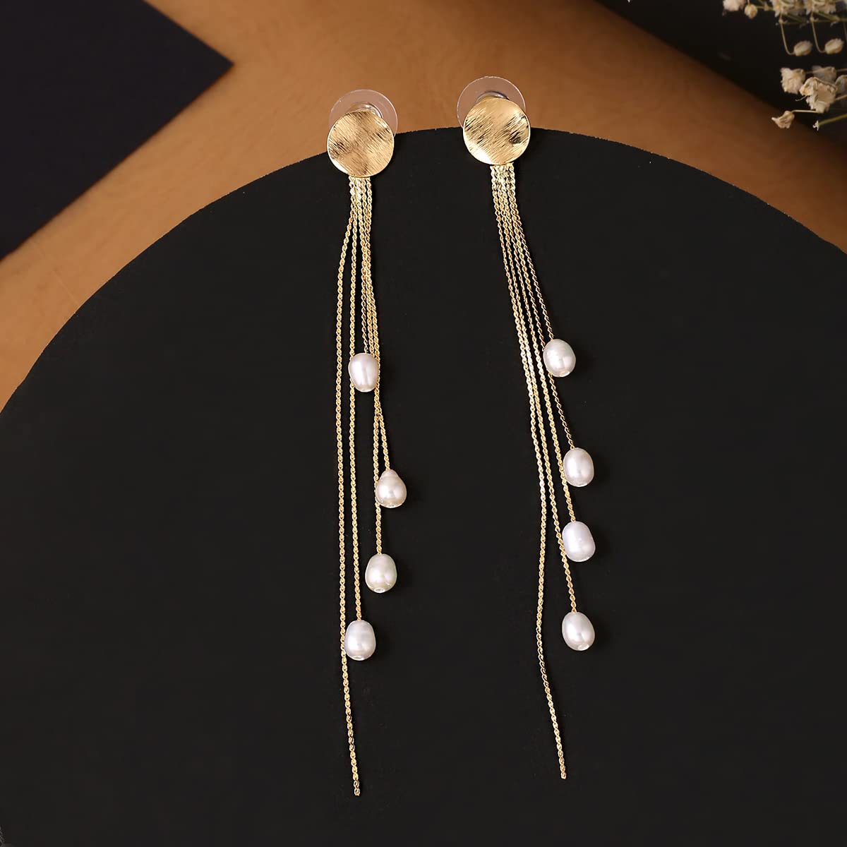 Yellow Chimes Earrings For Women Gold Tone Clip On Stud With Long Tassel Chain Pearl Drop Hanging Dangler Earrings For Women and Girls