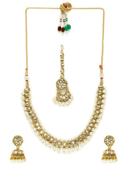 Yellow Chimes Kundan Jewellery Set for Women Gold Plated Traditional Pearl Necklace Set With Maang Tikka For Women and Girls