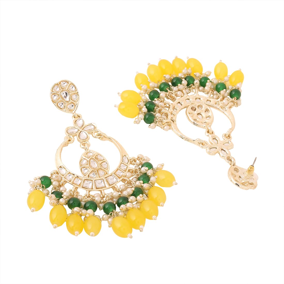 Yellow Chimes Earrings for Women Gold Toned Kundan Studded Green and Pink Beads Drop Chandbali Earrings for Women and Girls