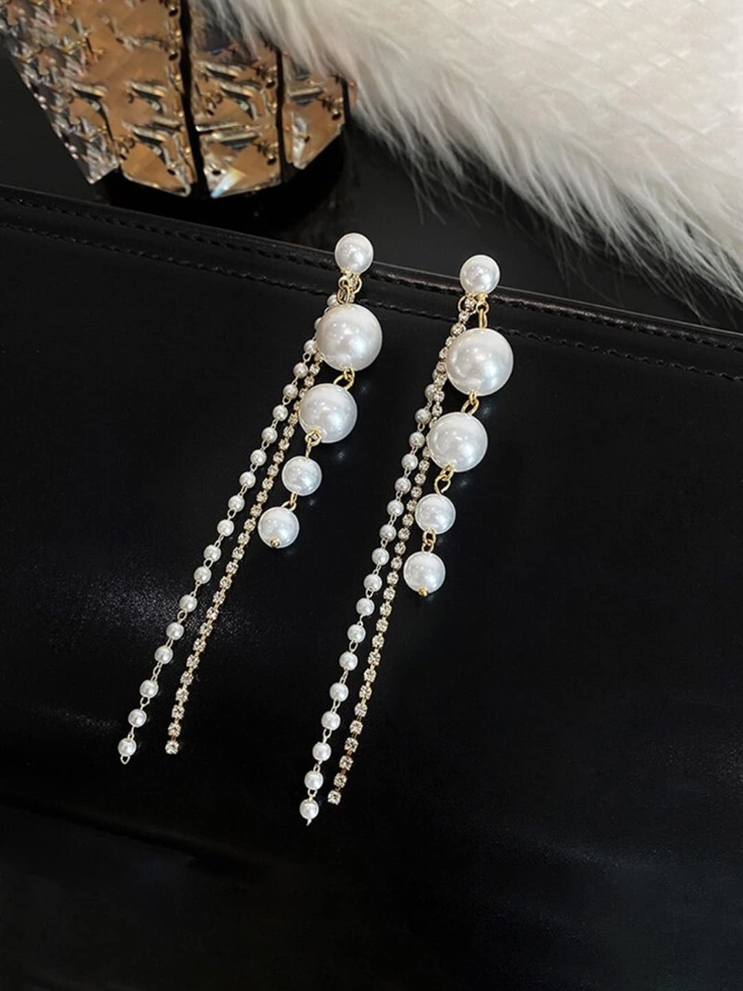 Kairangi Earrings for Women and Girls Fashion White Pearl Dangler Earrings | Gold Plated Long Chain Pearl Dangler Earrings | Birthday Gift for Girls & Women Anniversary Gift for Wife