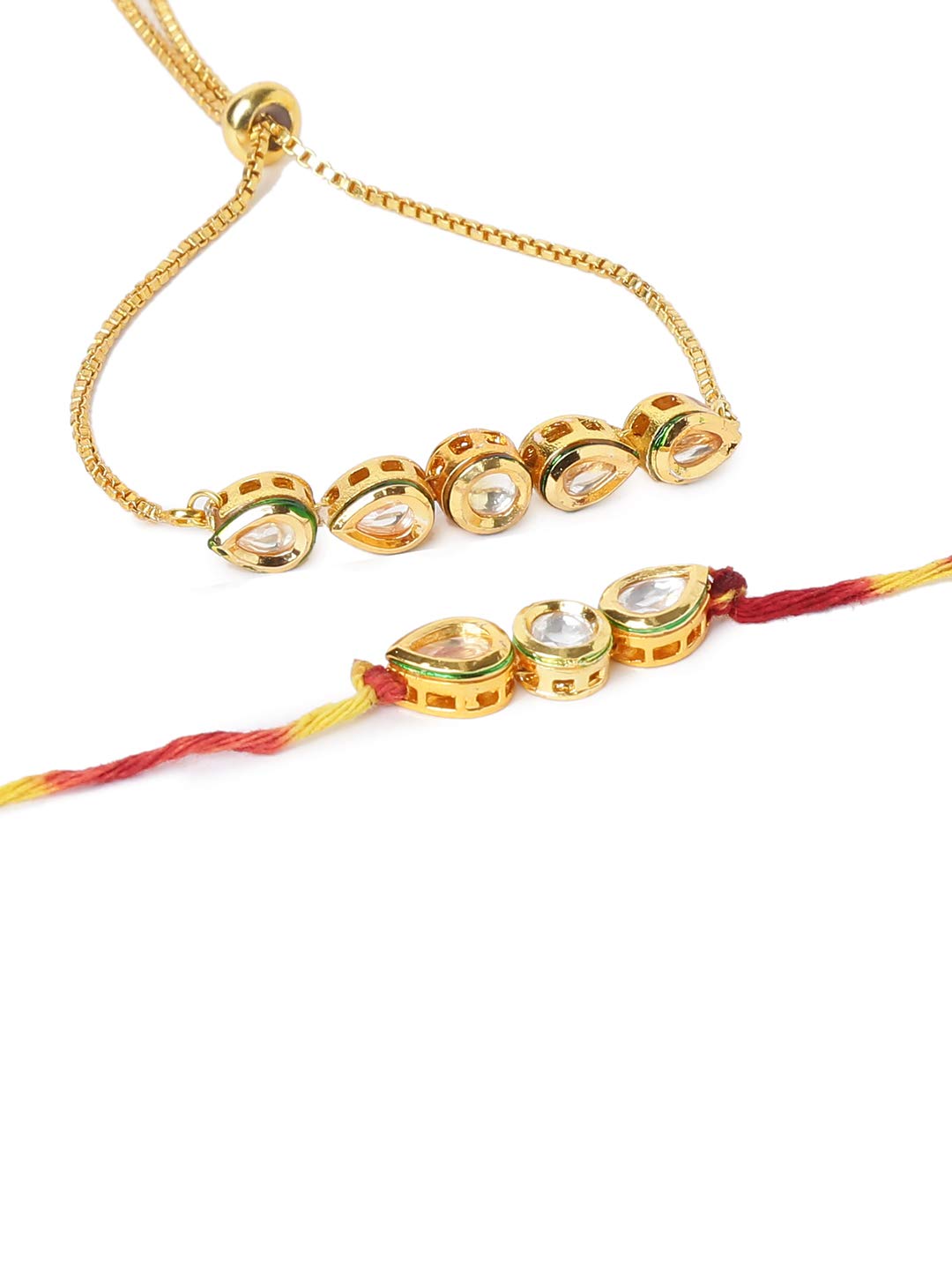 Yellow Chimes Rakhi for Brother and Bhabhi Gold Plated Kundan Bhaiya Bhabhi Rakhi Set Handmade Dori Worked Rakhi Combo of 2 PCs Men Rakhi Bracelet With Roli & Chawal