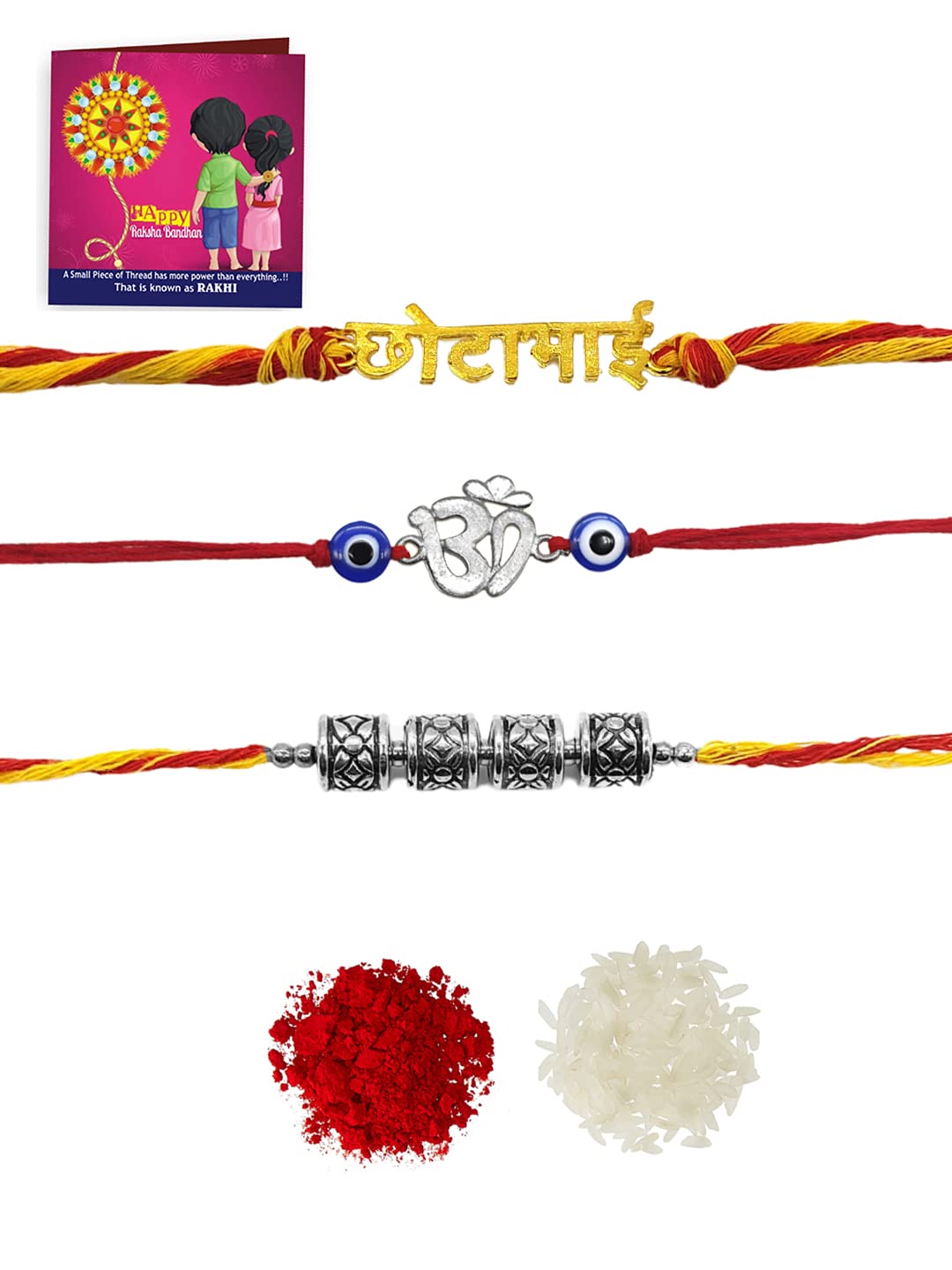 Yellow Chimes Combo of 3 Pcs Handmade Dori Worked Gold and Silver Toned OM Design Evil Eye Beads Chota Bhai Engraved Rakhi for Brother with Roli & Chawal, Red, Silver, Gold, Medium For Men