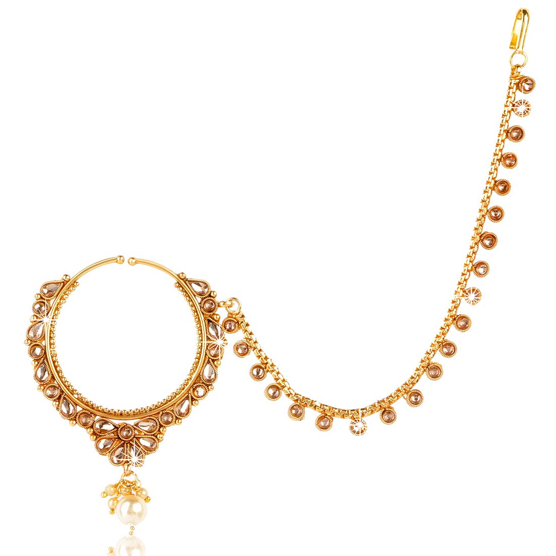 Yellow Chimes Traditional Kundan Studded Pearl Gold Tone Bridal Nosepins Nath with Chain for Women & Girls