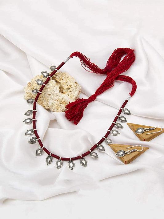Yellow Chimes Jewellery Set for Women and Girls Traditional Silver Oxidised Jewellery Set Maroon Choker Set | Handmade Dori Work Threaded Charm Choker Necklace Set | Birthday Gift For Girls and Women Anniversary Gift for Wife