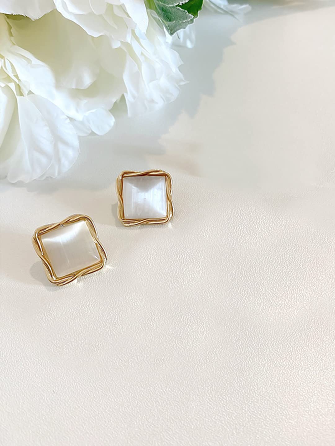 Yellow Chimes Earrings for Women and Girls Studs for Girls | Gold Tone Square Opal Stud Earrings | Birthday Gift for girls and women Anniversary Gift for Wife