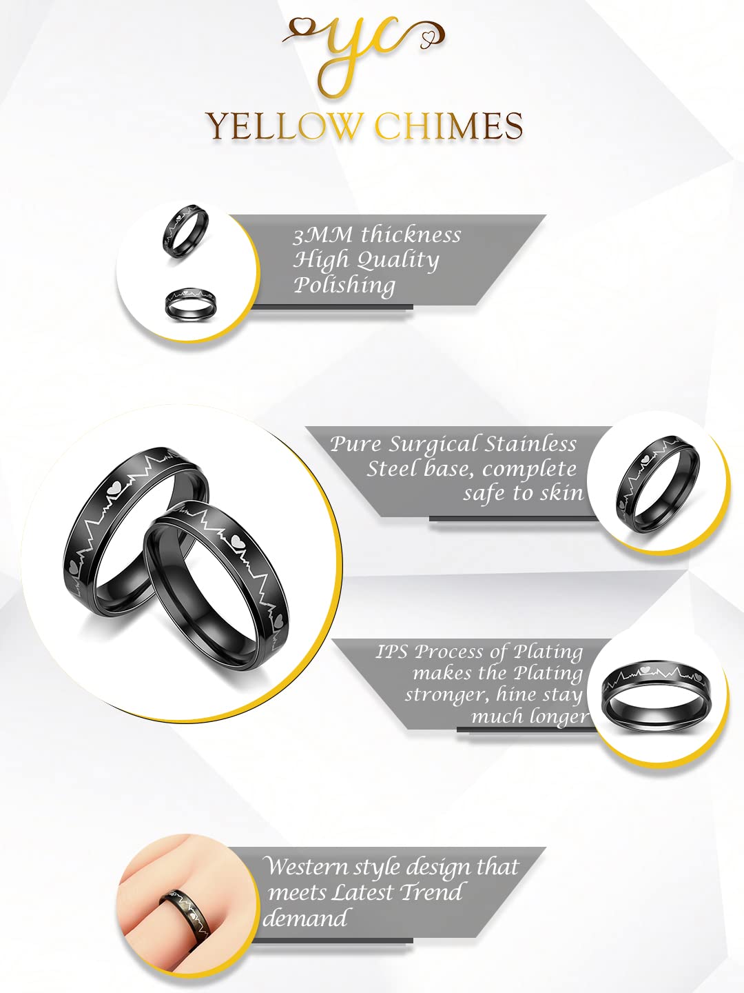 Yellow Chimes Rings for Women and Girls Couple Rings | Valentines Special Black HeartBeat Proposal Couple Ring For Girls & Boys | Birthday Gifts For Women Valentine Gift for Girls