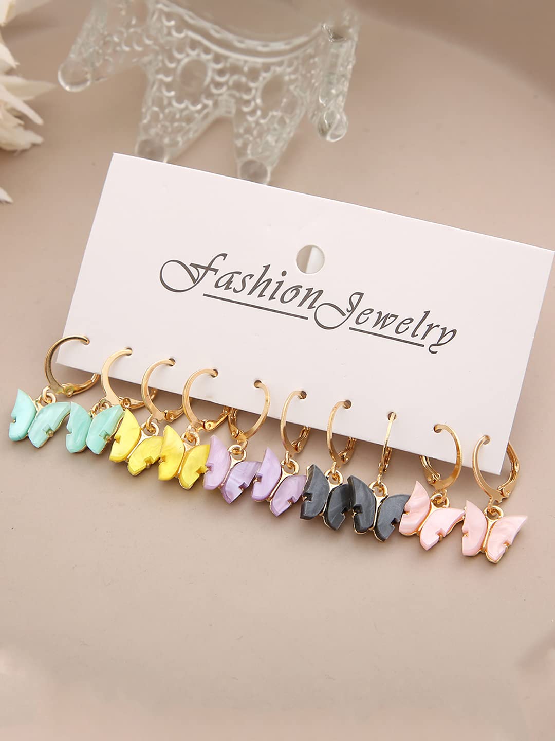 Yellow Chimes Earring For Women Combo Pack Of 5 Pairs Gold Toned Huggie Hoops With Attached Multicolor Butterfly Charm Hanging Earrings For Women and Girls