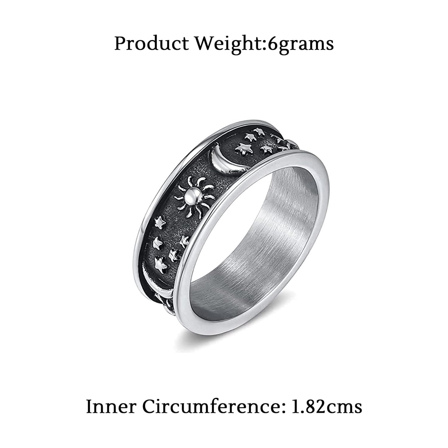 Yellow Chimes Rings for Women Stainless Steel Ring Carved Sun Moon Universe Energy Sign Statement Band Rings for Women and Girls