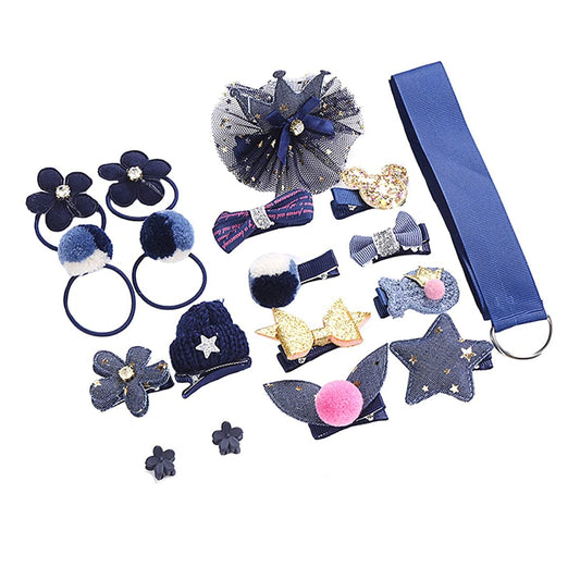 Melbees by Yellow Chimes 18 Pcs Set of Hair Accessories for Kids with Dark Blue Color Hair Clips and Hair Band Assortment Gift Set for Kids Girls (Pack of 18)