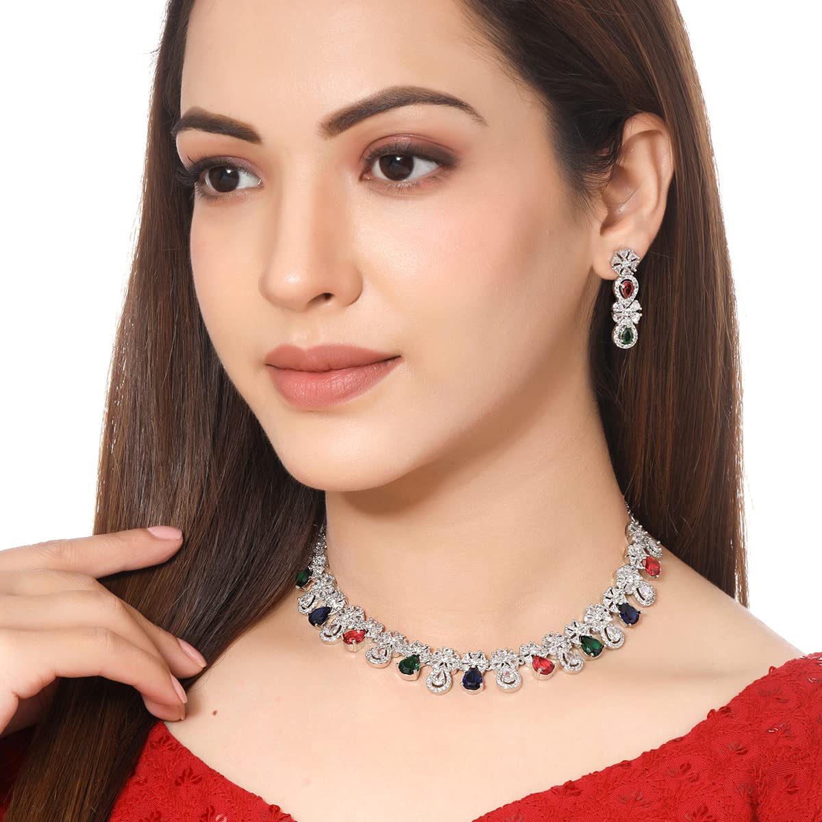 Yellow Chimes Jewellery Set for Womens Rhodium Plated AD/American Diamond Studded Multicolor Crystal Necklace Set with Earrings for Women and Girls