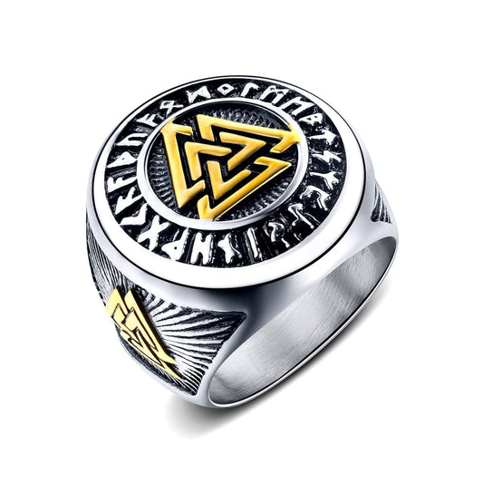 Yellow Chimes Rings for Men Stainless Steel Valknut Ring with Rune Circle Odin Symbol Band Finger Ring for Men and Boys.